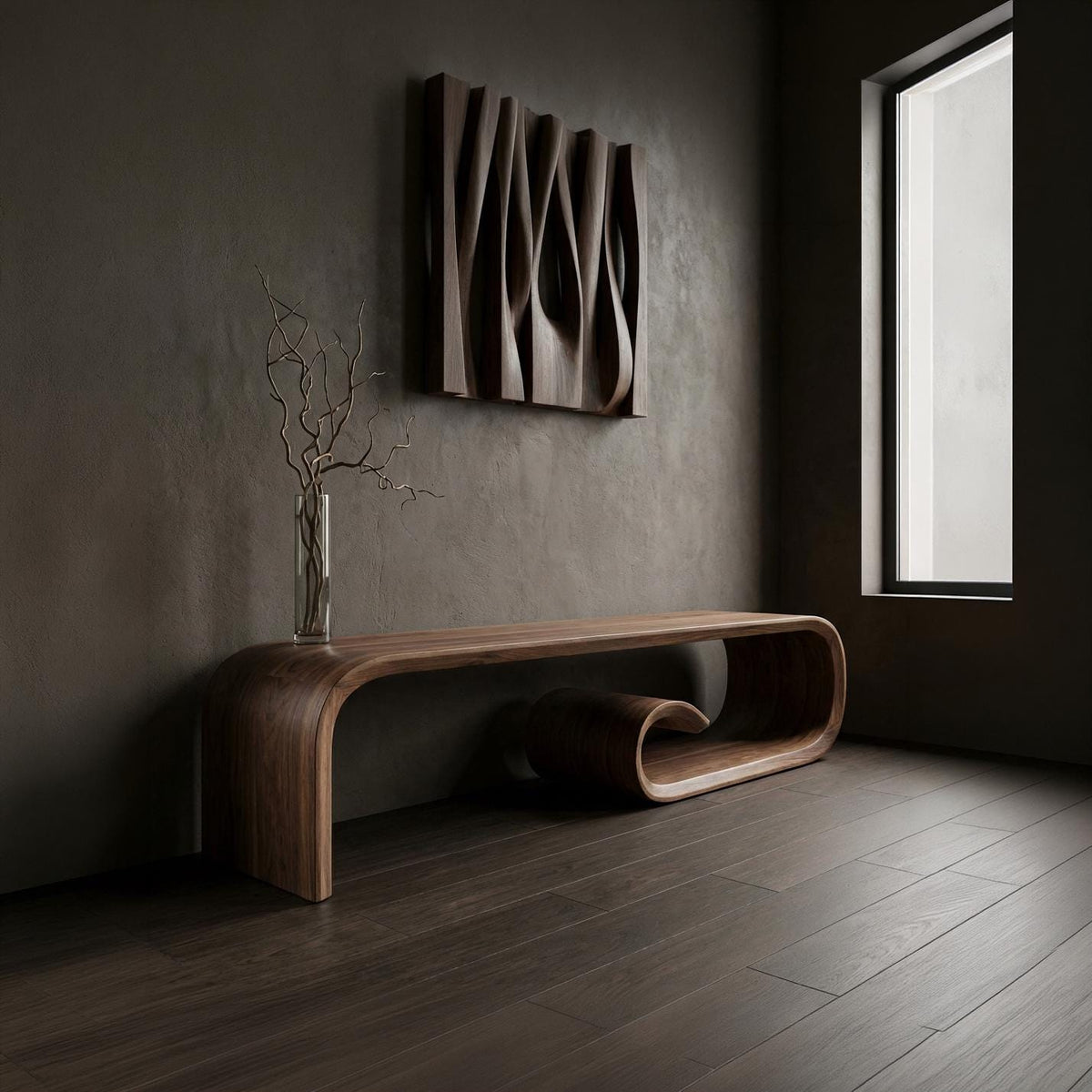 Real Walnut Wood Bench: Mid-Century Modern Entryway, Living room Side Table