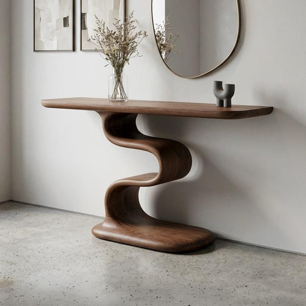 Sculptural Walnut Entryway Table, Organic Mid-Century Modern Living Room Console
