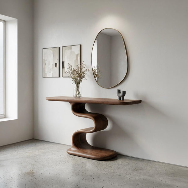Sculptural Walnut Entryway Table, Organic Mid-Century Modern Living Room Console