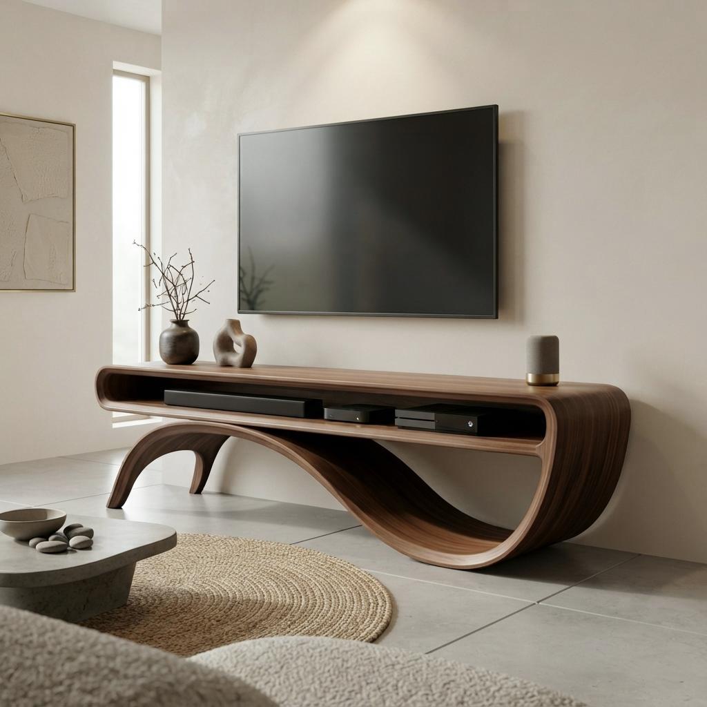 Sculptural Walnut TV Stand, Organic Curved Media Console, Mid Century Modern Furniture