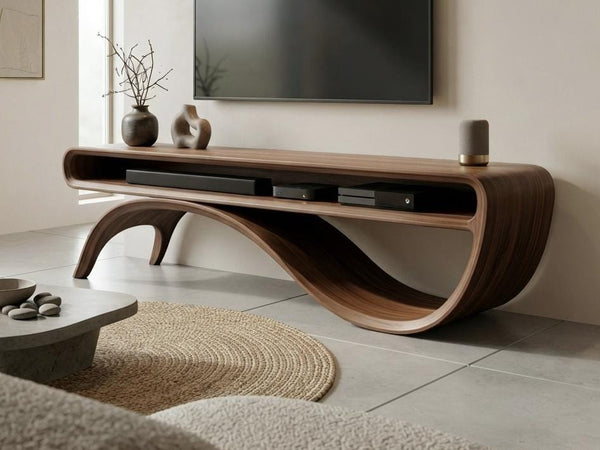 Sculptural Walnut TV Stand, Organic Curved Media Console, Mid Century Modern Furniture