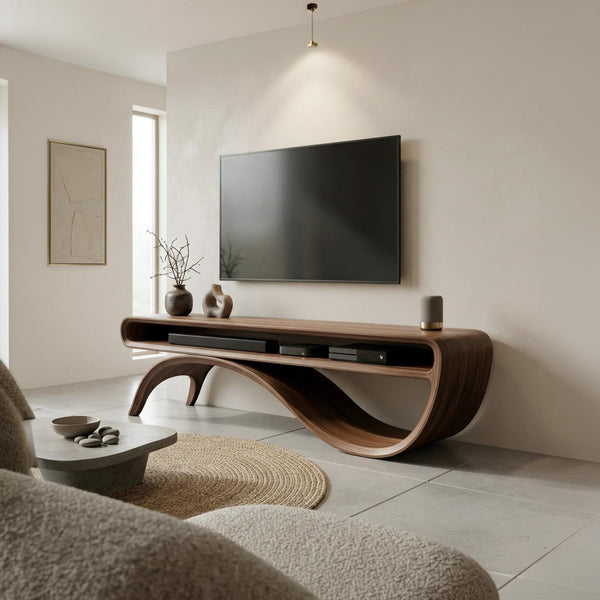 Sculptural Walnut TV Stand, Organic Curved Media Console, Mid Century Modern Furniture