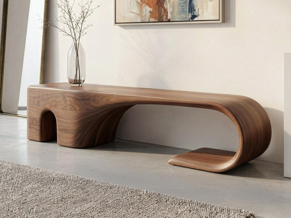 Handmade Walnut Bench – Mid-Century Modern Sculptural Entryway Bench
