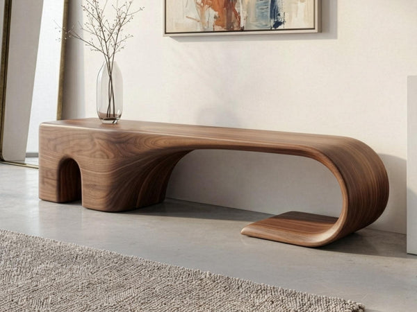 Handmade Walnut Bench – Mid-Century Modern Sculptural Entryway Bench