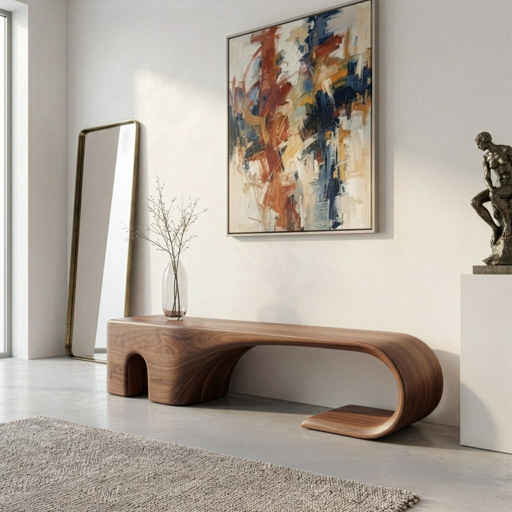 Handmade Walnut Bench – Mid-Century Modern Sculptural Entryway Bench