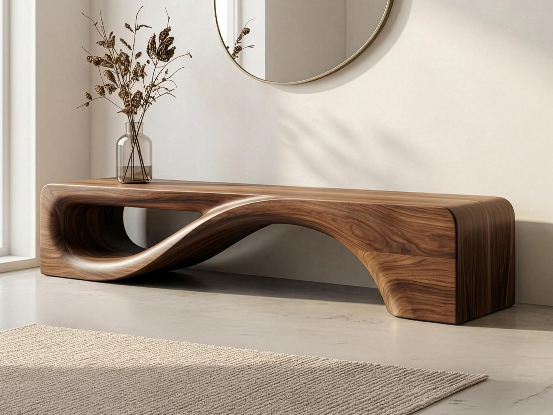 Handcrafted Sculptural Walnut Bench – Mid-Century Modern Wooden Furniture