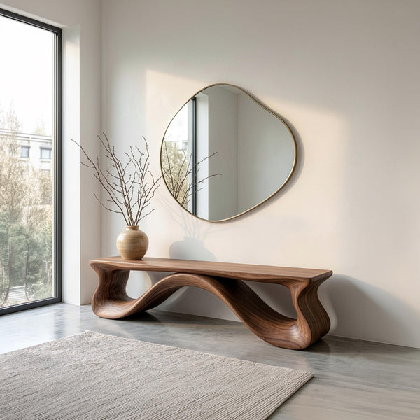 Handmade Solid Walnut Bench, Sculptural Mid-Century Modern Entryway Seating