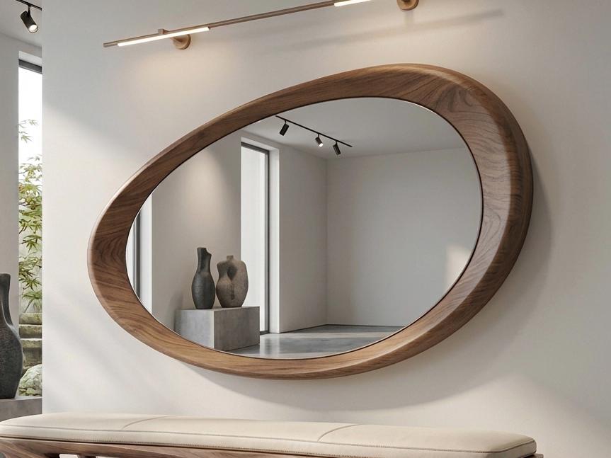 Solid Walnut Asymmetrical Mirror, Organic Wood Framed Bathroom Mirror