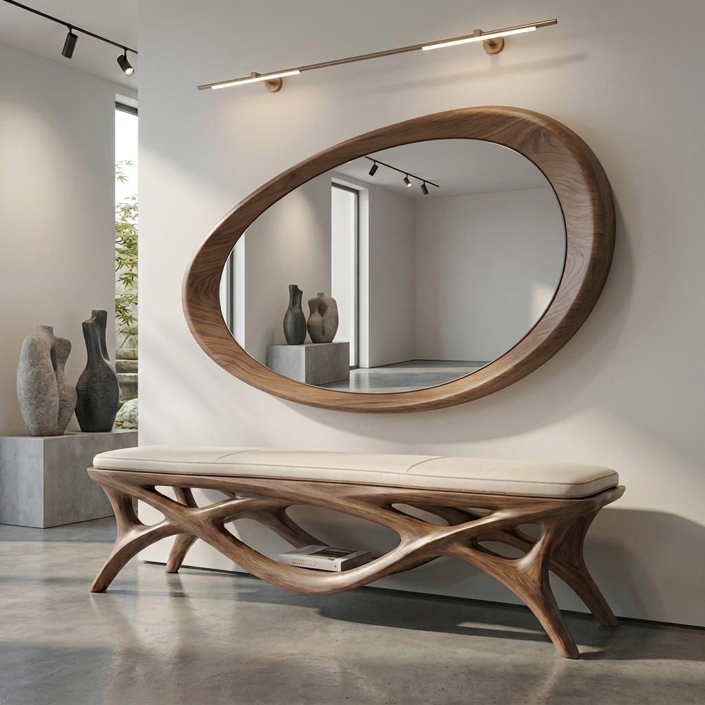 Solid Walnut Asymmetrical Mirror, Organic Wood Framed Bathroom Mirror