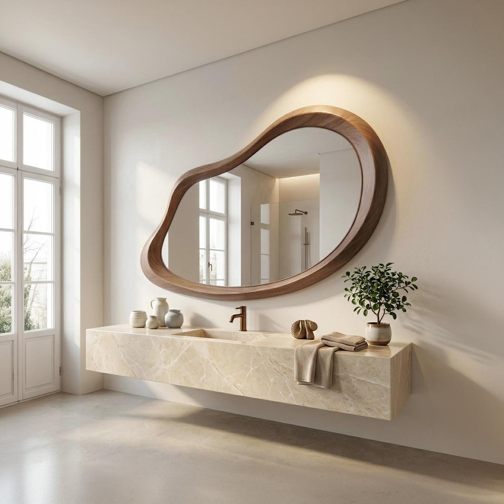 Asymmetrical Walnut Wood Mirror: Organic Modern Wall Decor, Entryway, Bathroom, Living Room