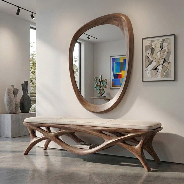 Solid Walnut Asymmetrical Mirror, Organic Mid Century Modern Bathroom Decor