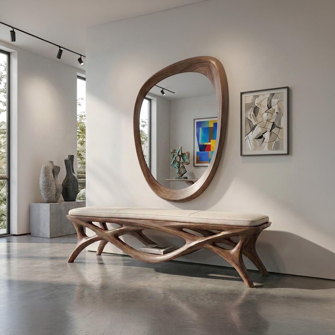 Solid Walnut Asymmetrical Mirror, Organic Mid Century Modern Bathroom Decor