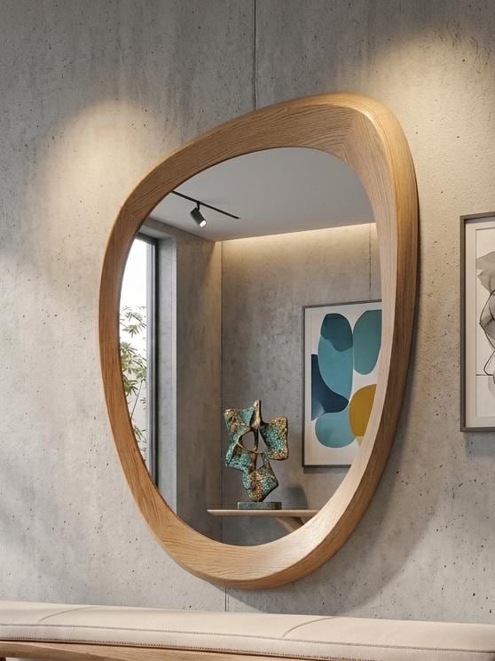 Oak Asymmetrical Mirror, Organic Modern Entryway Wall Decor, Mid Century Art