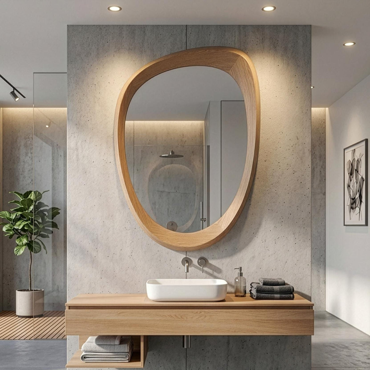 Oak Asymmetrical Mirror, Organic Modern Entryway Wall Decor, Mid Century Art