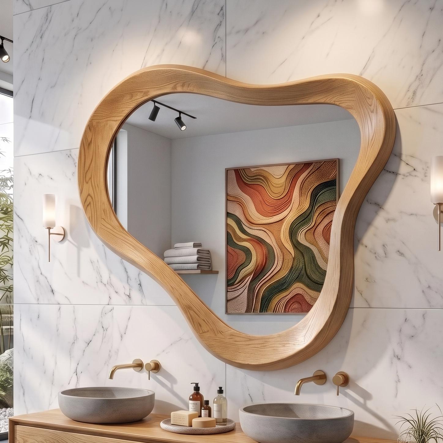 Asymmetrical Oak Wood Mirror, Organic Modern Bathroom Wall Mirror