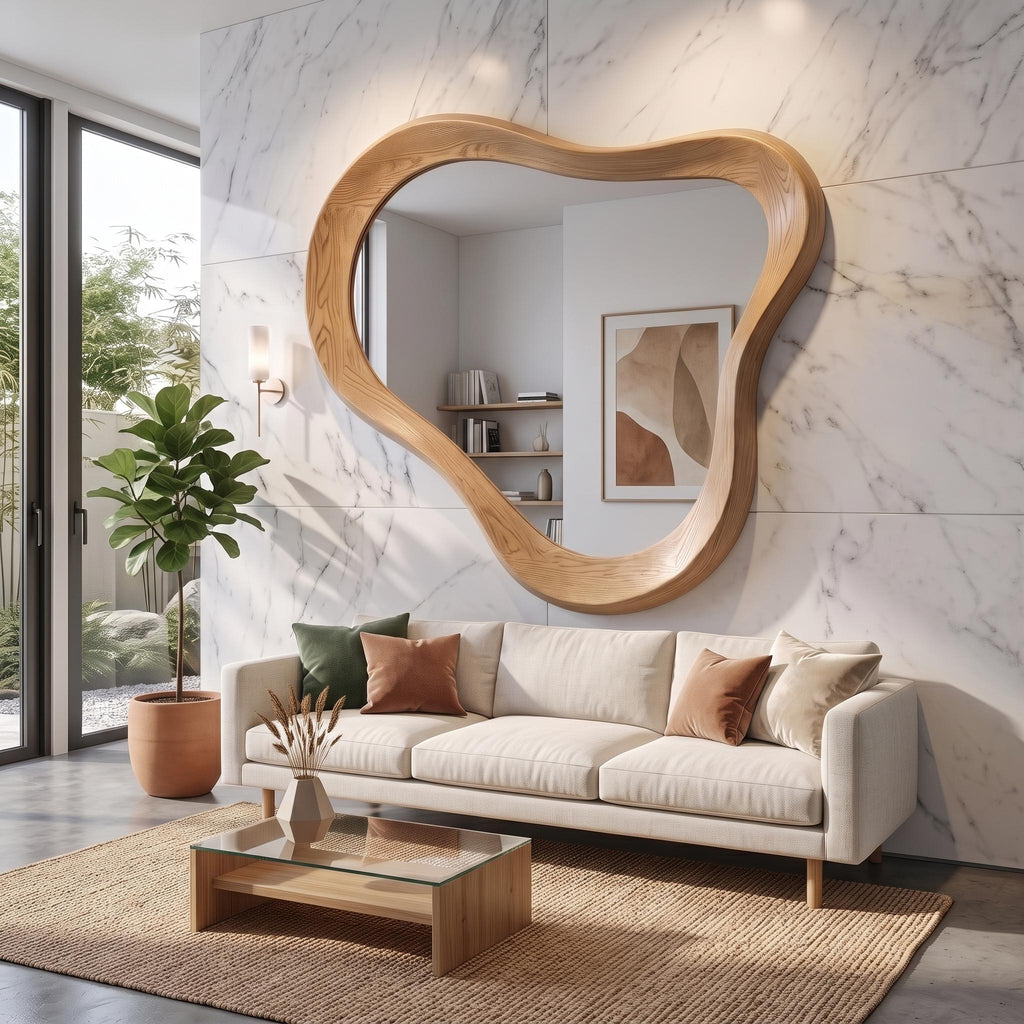 Asymmetrical Oak Wood Mirror, Organic Modern Bathroom Wall Mirror