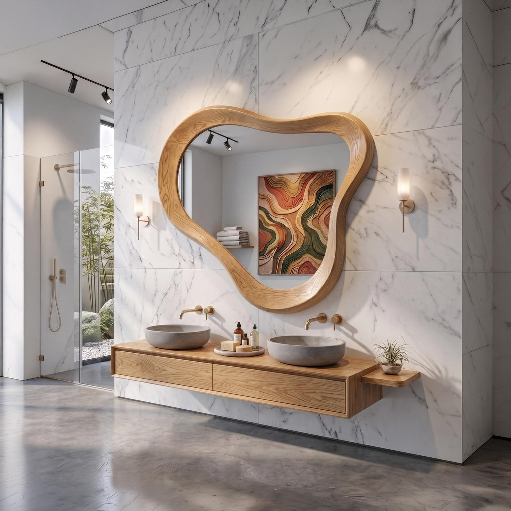 Asymmetrical Oak Wood Mirror, Organic Modern Bathroom Wall Mirror