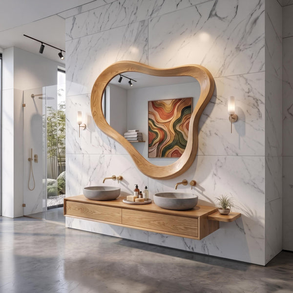 Asymmetrical Oak Wood Mirror, Organic Modern Bathroom Wall Mirror