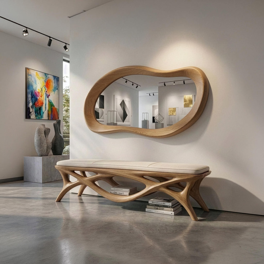 Asymmetrical Oak Mirror, Organic Wood Framed Entryway Wall Art