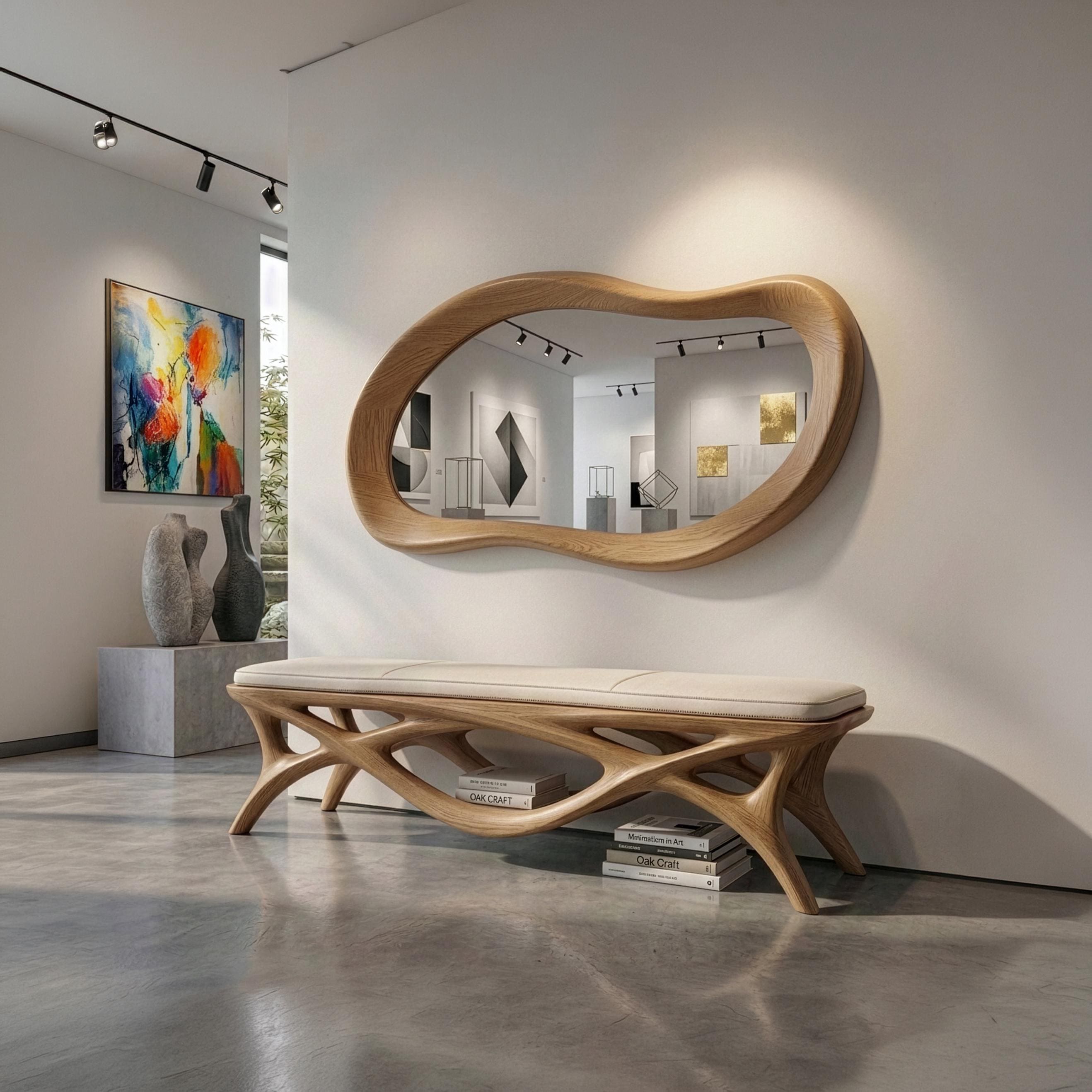 Asymmetrical Oak Mirror, Organic Wood Framed Entryway Wall Art