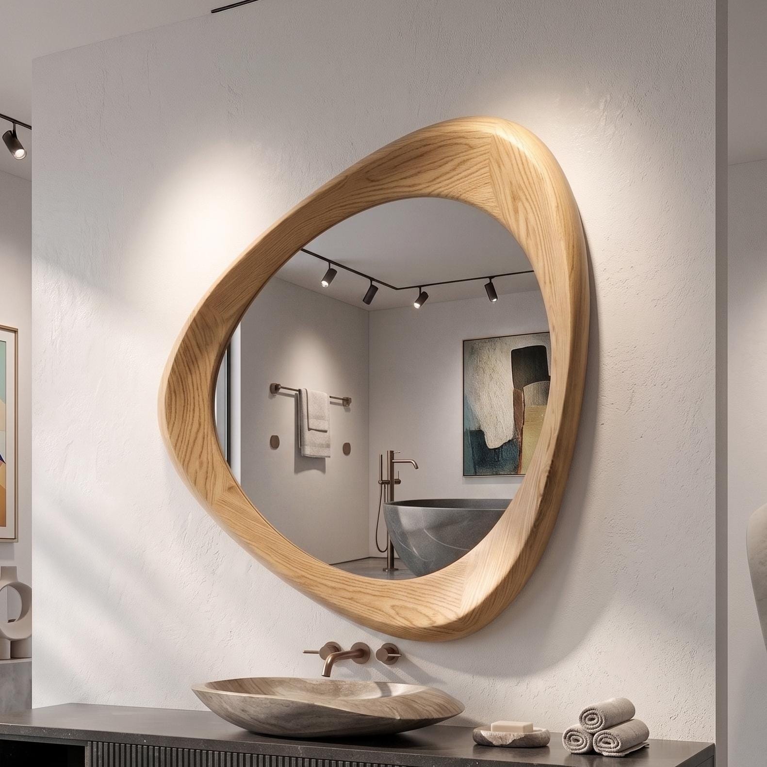 Asymmetrical Oak Wood Frame Mirror: Home and Wall Decor, Vanity, Bathroom,  Mirror Secondary image