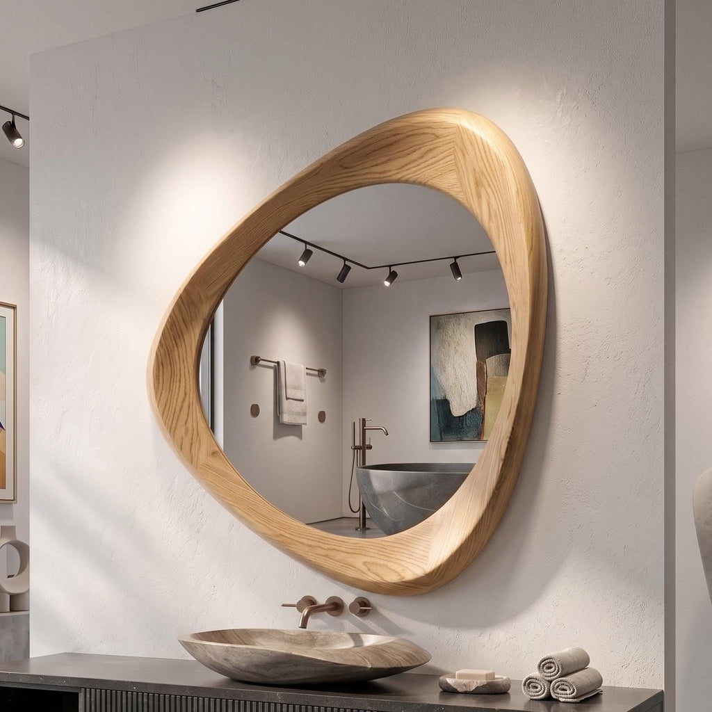 Asymmetrical Oak Wood Frame Mirror: Home and Wall Decor, Vanity, Bathroom,  Mirror