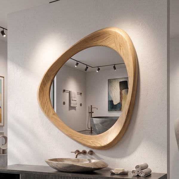 Asymmetrical Oak Wood Frame Mirror: Home and Wall Decor, Vanity, Bathroom,  Mirror