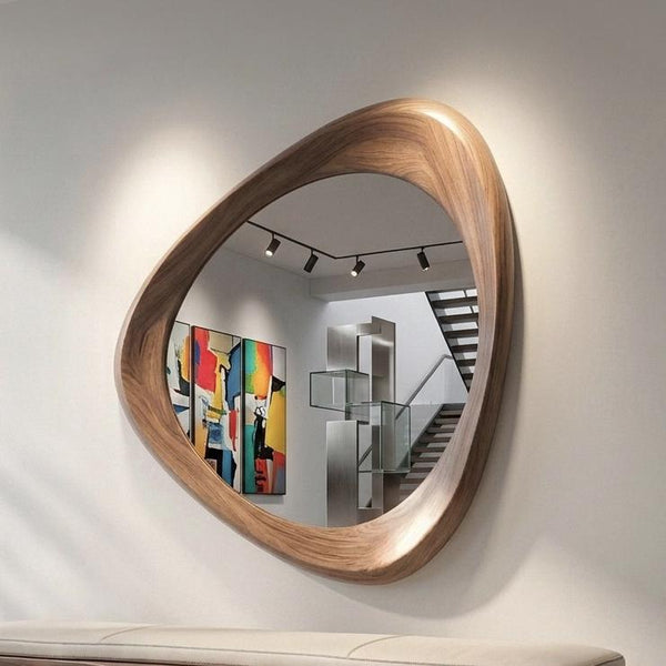 Mid-Century Modern Walnut Asymmetrical Mirror - Handmade Wooden Wall Decor