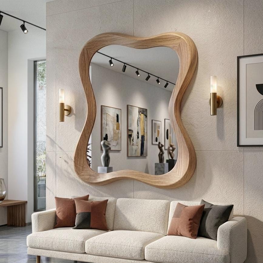 Solid Oak Asymmetrical Mirror, Organic Modern Wood Wall Art, Mid-Century Bathroom Mirror