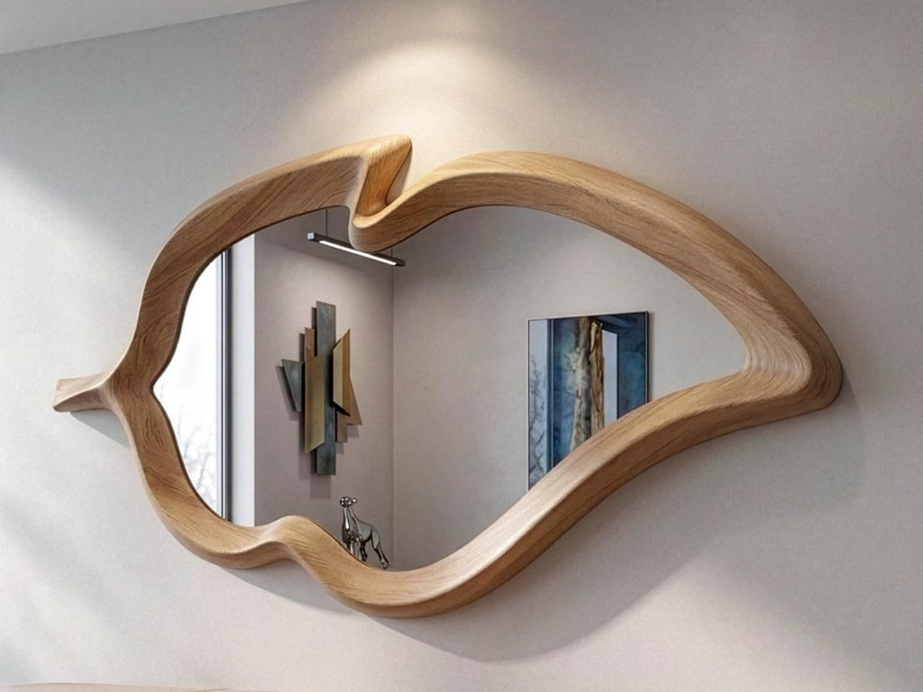 Asymmetrical Oak Wood Wall Mirror: Handmade Mid-Century Modern Decor