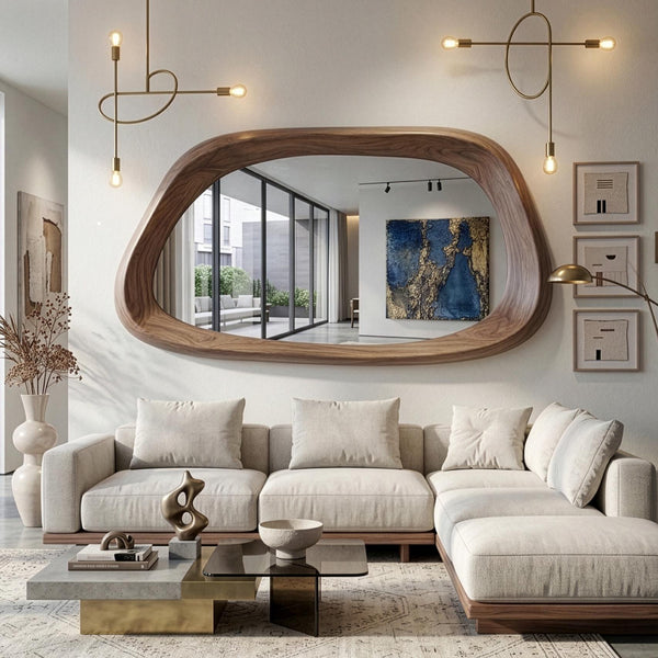 Asymmetrical Wooden Mirror, Mid Century MCM Irregular Mirror, Decorative Wall Decor for Bathroom