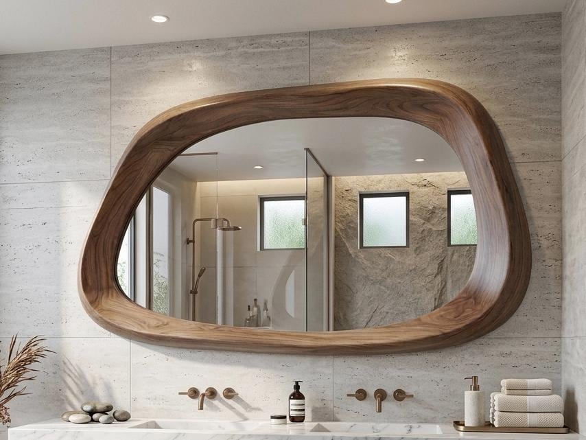 Asymmetrical Wooden Mirror, Mid Century MCM Irregular Mirror, Decorative Wall Decor for Bathroom