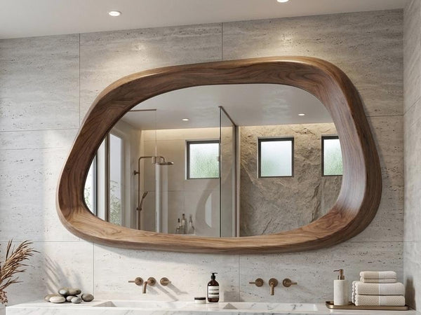 Asymmetrical Wooden Mirror, Mid Century MCM Irregular Mirror, Decorative Wall Decor for Bathroom