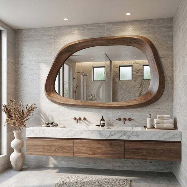 Asymmetrical Wooden Mirror, Mid Century MCM Irregular Mirror, Decorative Wall Decor for Bathroom