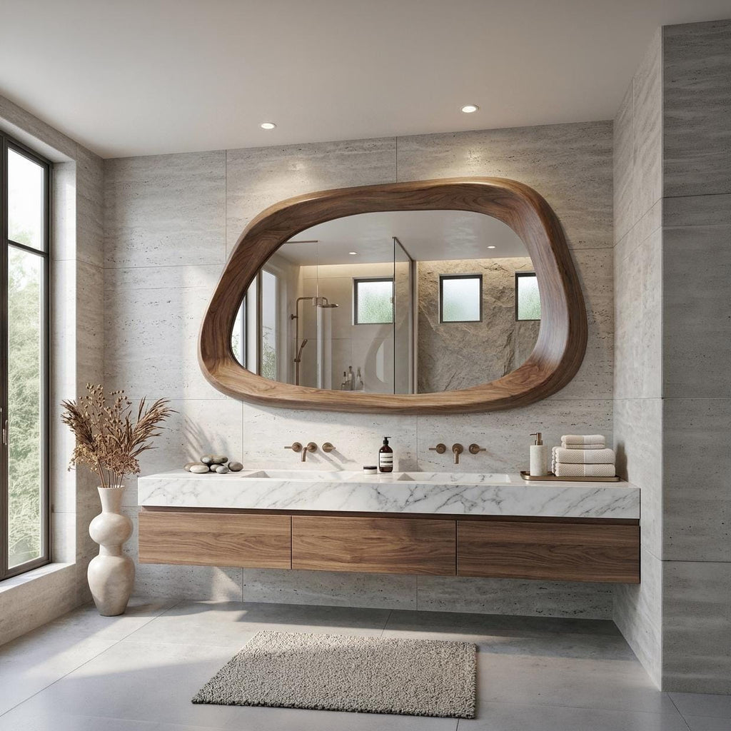 Asymmetrical Wooden Mirror, Mid Century MCM Irregular Mirror, Decorative Wall Decor for Bathroom