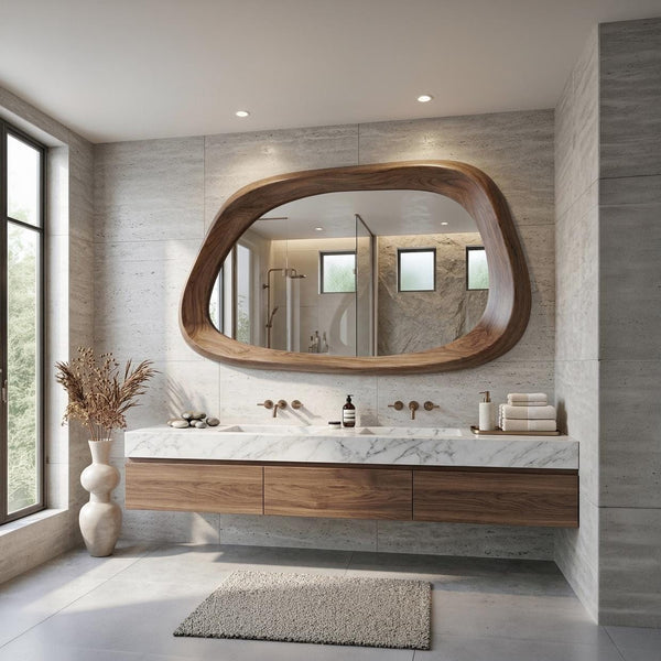 Asymmetrical Wooden Mirror, Mid Century MCM Irregular Mirror, Decorative Wall Decor for Bathroom