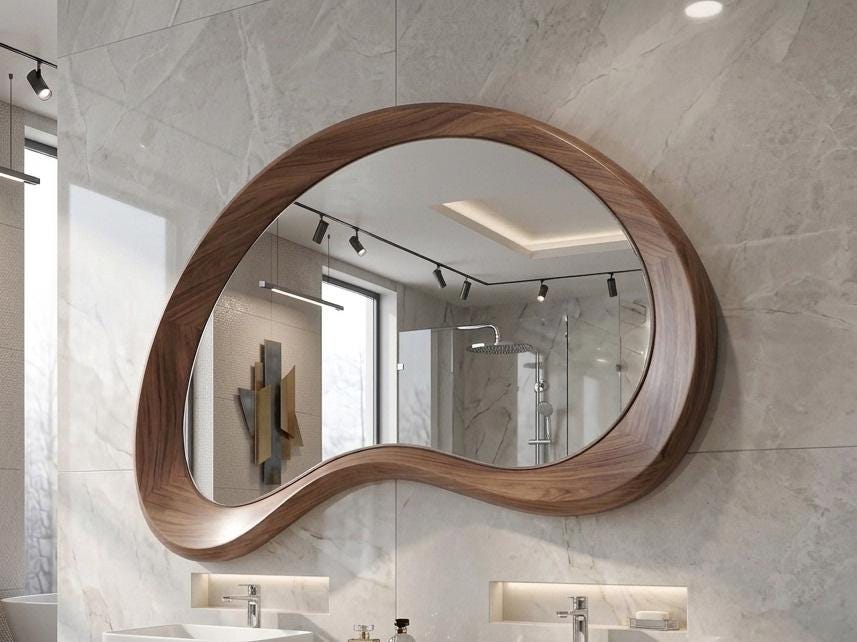 Solid Walnut Asymmetrical Mirror, Organic Mid Century Modern Bathroom Wood Mirror Secondary image