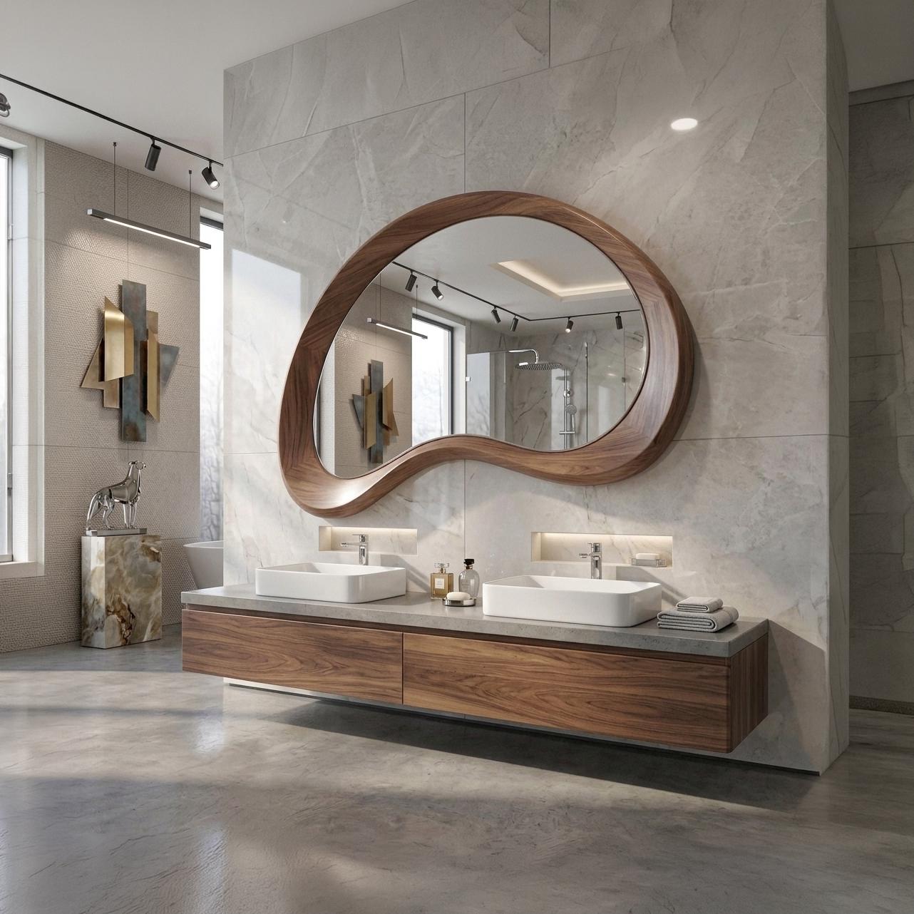 Solid Walnut Asymmetrical Mirror, Organic Mid Century Modern Bathroom Wood Mirror