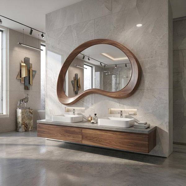 Solid Walnut Asymmetrical Mirror, Organic Mid Century Modern Bathroom Wood Mirror