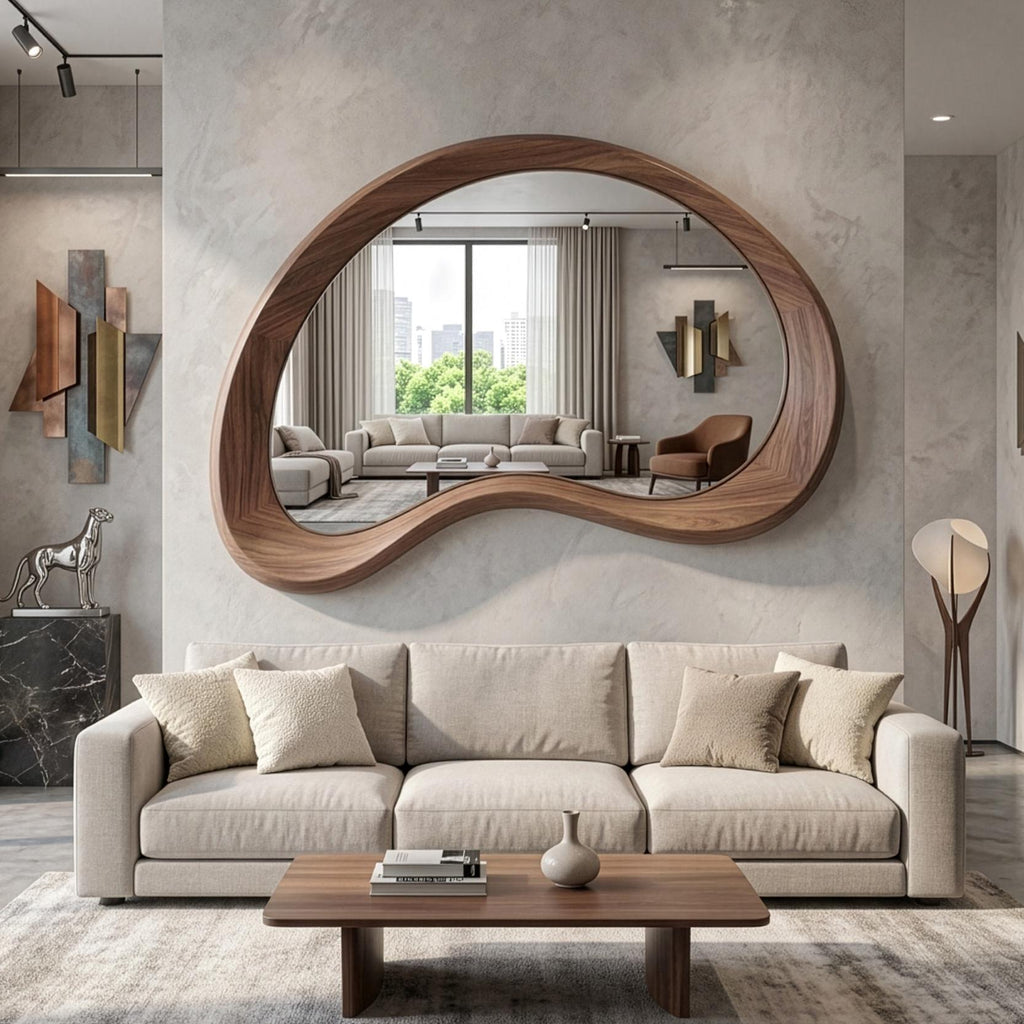 Solid Walnut Asymmetrical Mirror, Organic Mid Century Modern Bathroom Wood Mirror