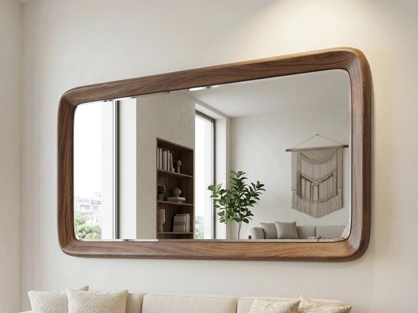 Solid Walnut MCM Rectangular Mirror, Large Wall Decor, Organic Modern Design
