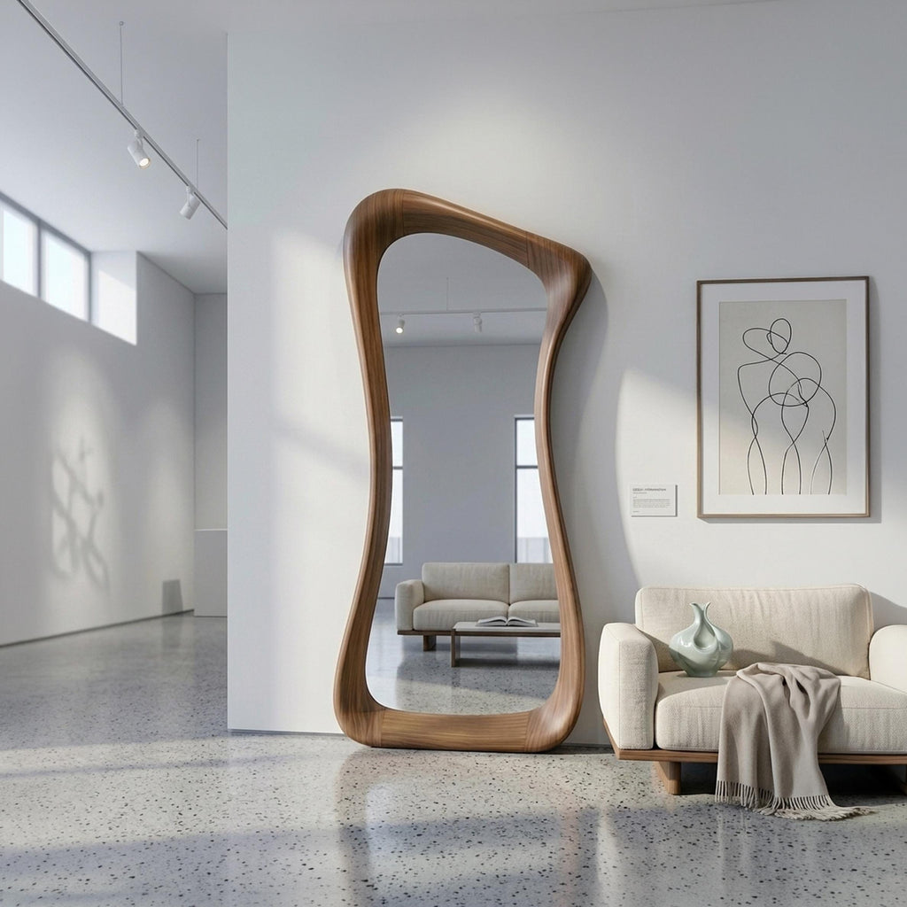 Asymmetrical Walnut Full Length Mirror: Mid-Century Modern Rustic Decor