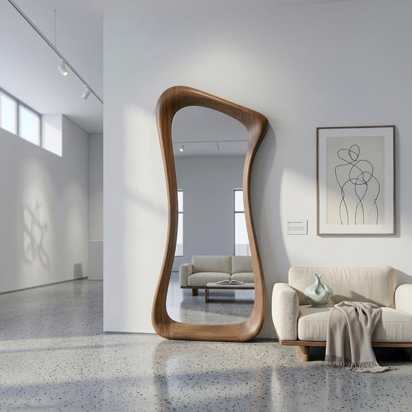 Asymmetrical Walnut Full Length Mirror: Mid-Century Modern Rustic Decor