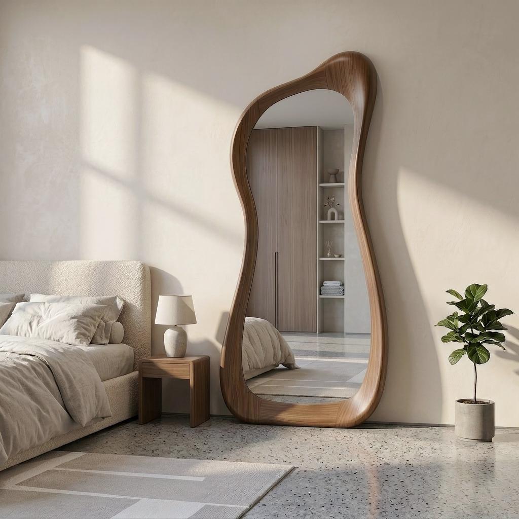 Asymmetrical Walnut Wood Full Length Mirror - Mid Century Modern Decor