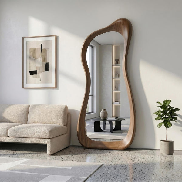 Asymmetrical Walnut Wood Full Length Mirror - Mid Century Modern Decor