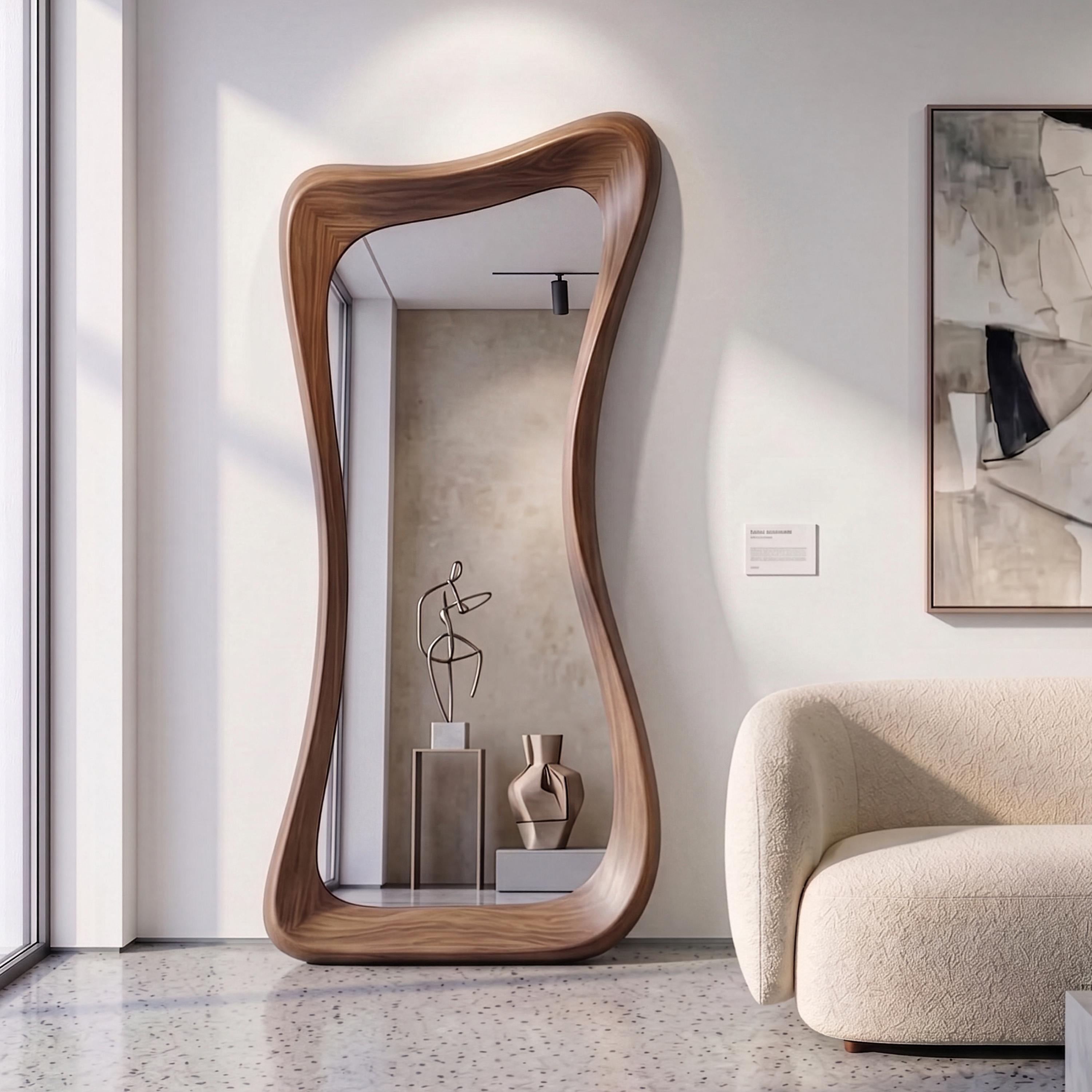 Asymmetrical Walnut Full Length Mirror, Organic Mid Century Modern Wood Frame