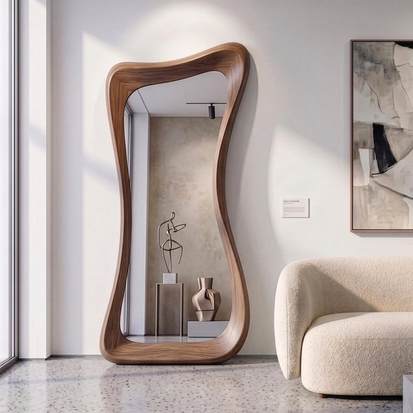 Asymmetrical Walnut Full Length Mirror, Organic Mid Century Modern Wood Frame