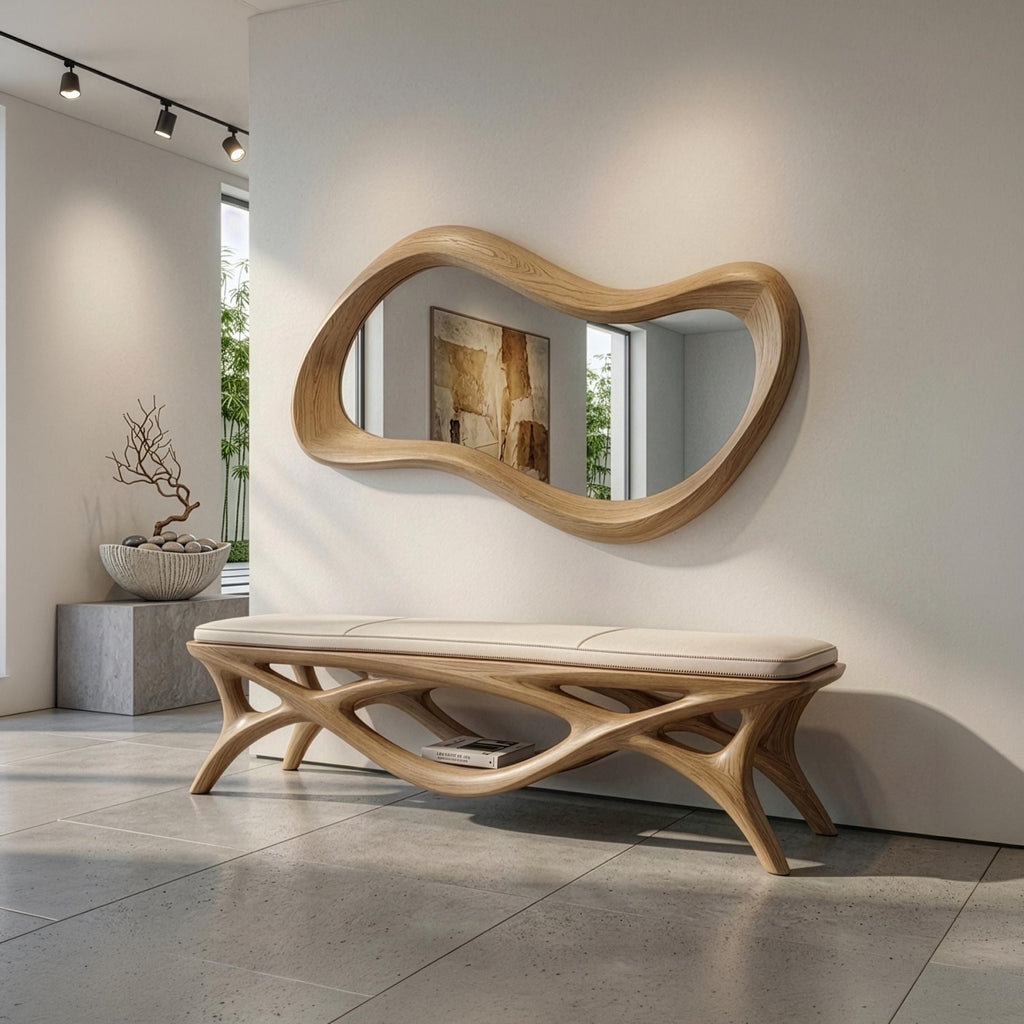 Handmade Oak Asymmetrical Mirror, Organic Modern Entryway Wall Art