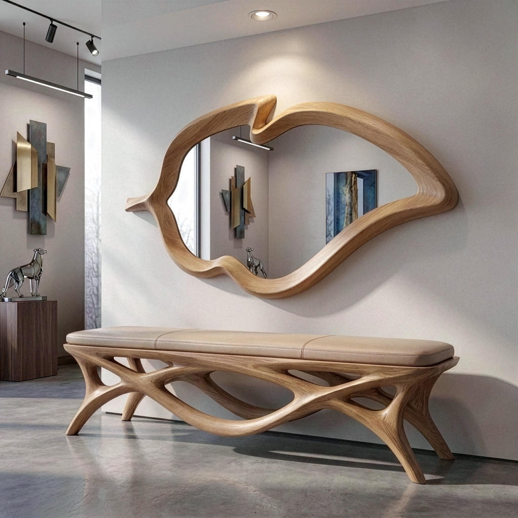 Asymmetrical Oak Wood Wall Mirror: Handmade Mid-Century Modern Decor