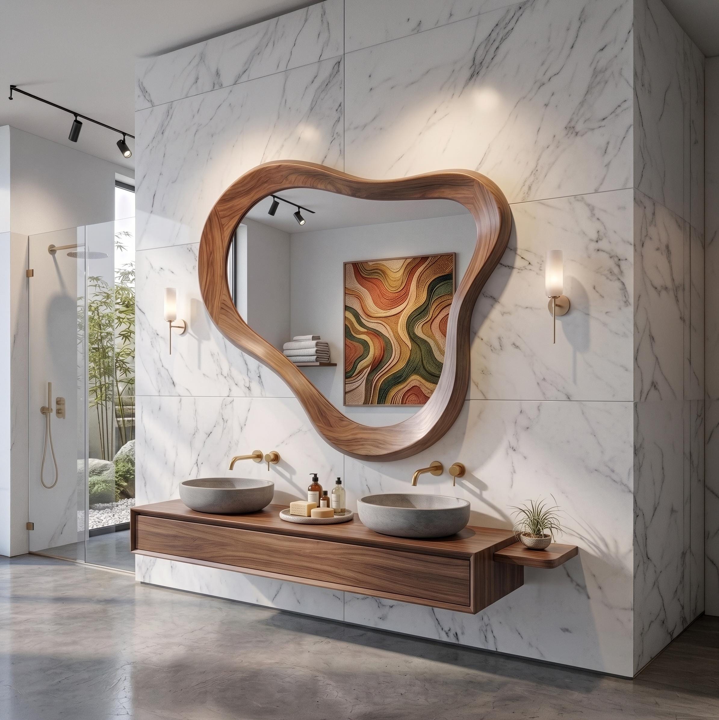 Asymmetrical Walnut Wood Mirror, Mid Century Modern Organic Bathroom Vanity Home Art Secondary image